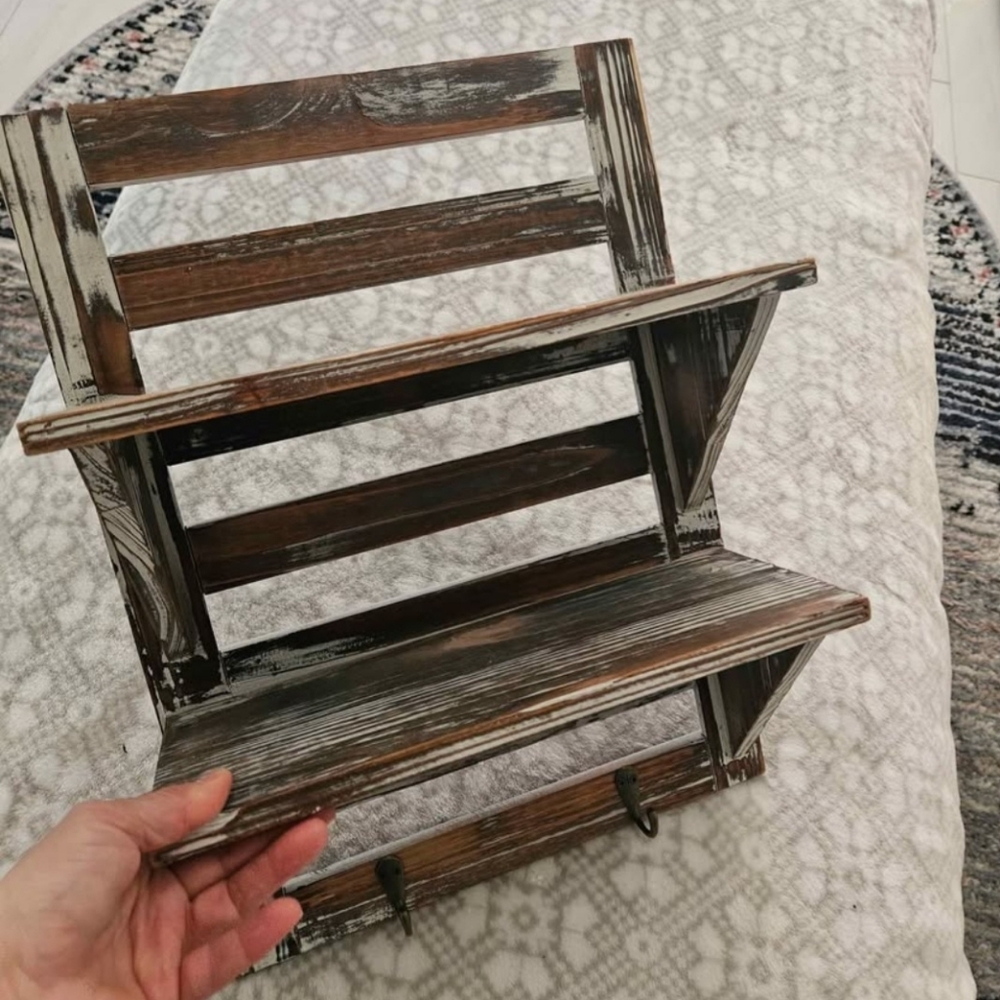 Rustic Brown and White Wall Shelf with Hooks - Unbranded - Picture 2 of 5
